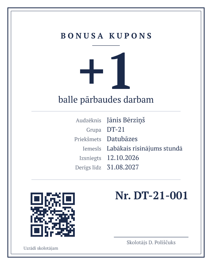 Kupona paraugs: +1 balle pie kontroldarba